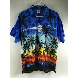 Happy Bay Shirt Men's Size Medium Blue Hawaiian Button Up Paradise Trees Theme
